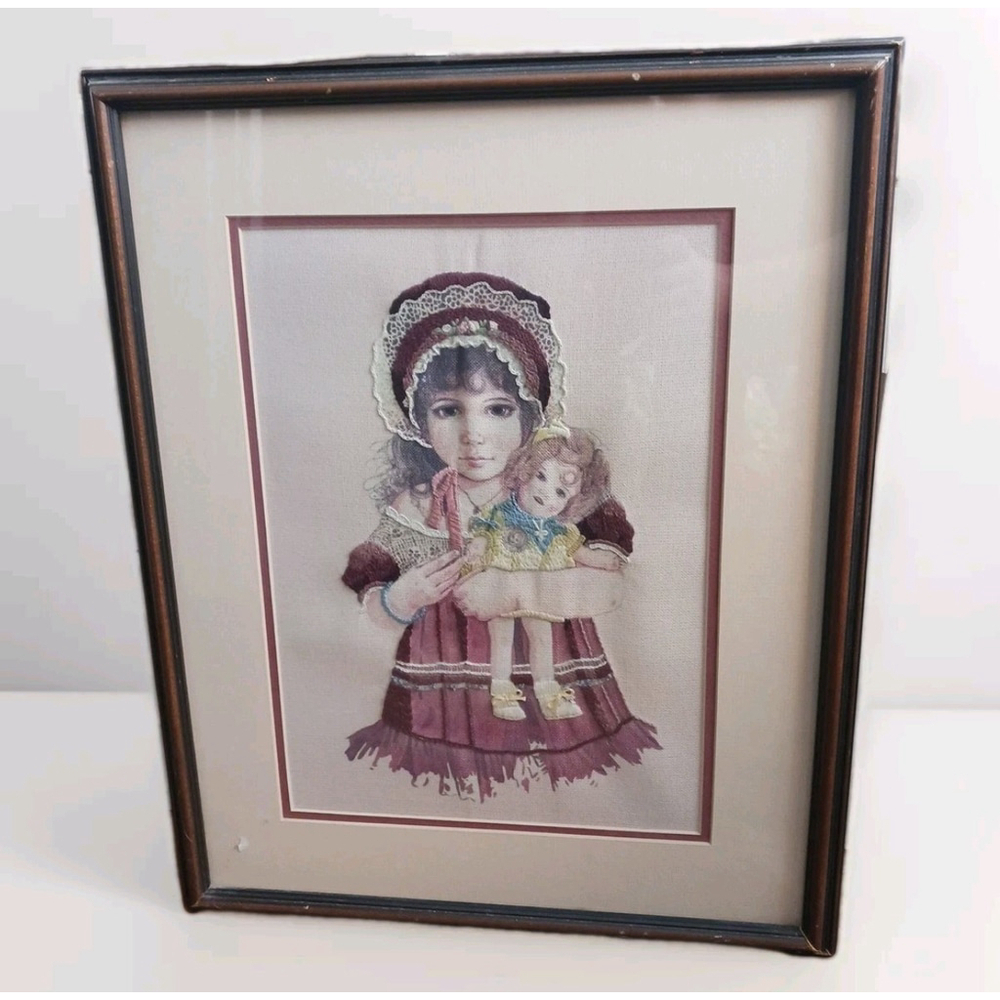 Vintage Cross Stitch Picture Little Girl Doll Wood Frame 20 x 16